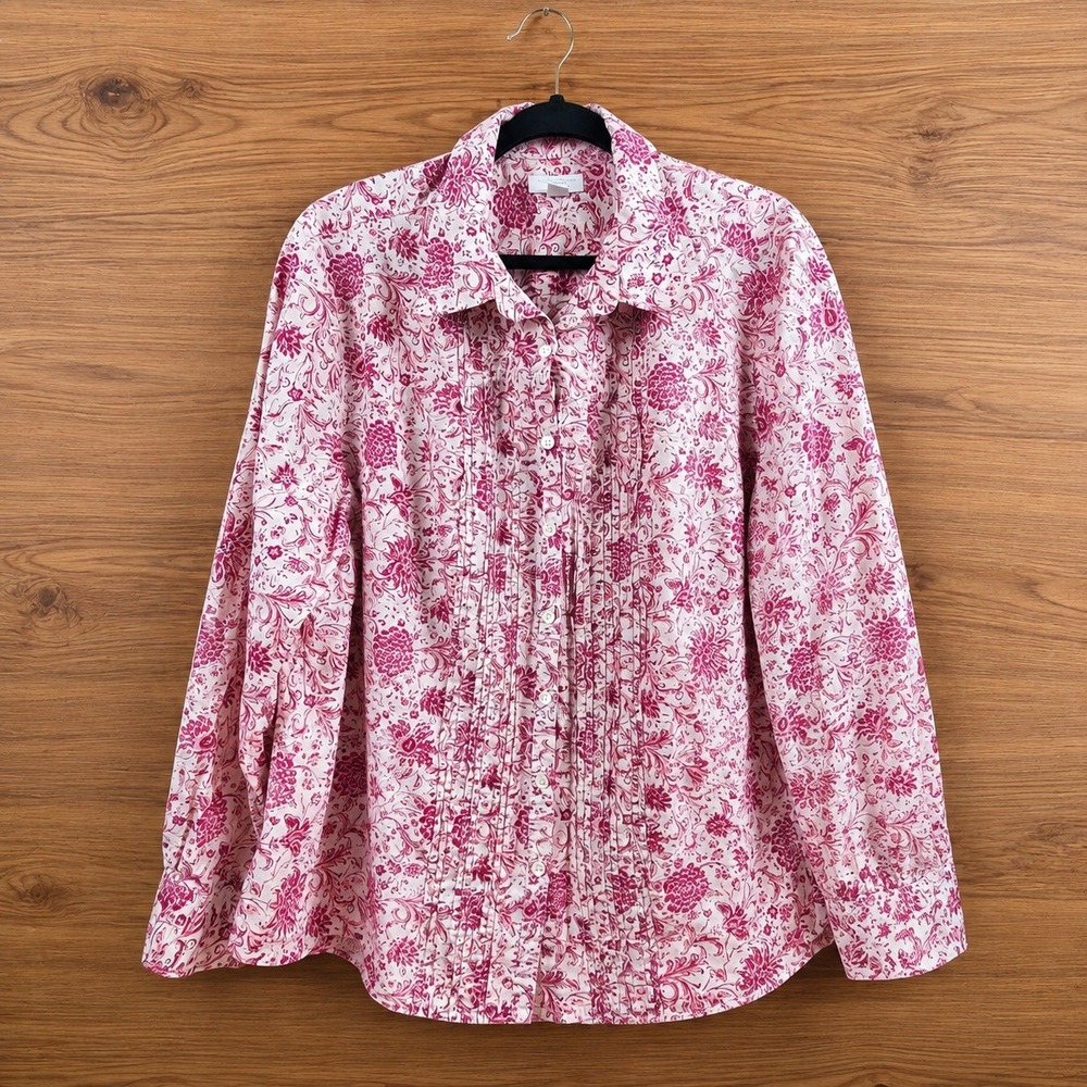 Pink Floral Pintuck Button Down Shirt Long Sleeve Plus Size 2X‎ 100% Cotton